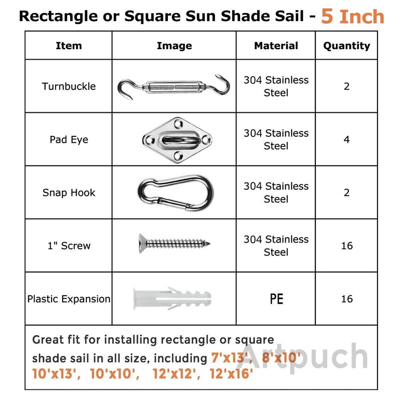 Artpuch Sun Shade Sail Hardware Kit 5 Inch for Rectangle Square Shade Sail Outdoor Installation 304 Stainless Steel - Image 4